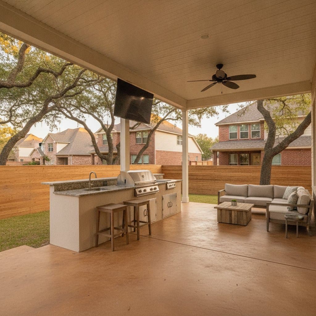 Covered outdoor kitchen and lounge