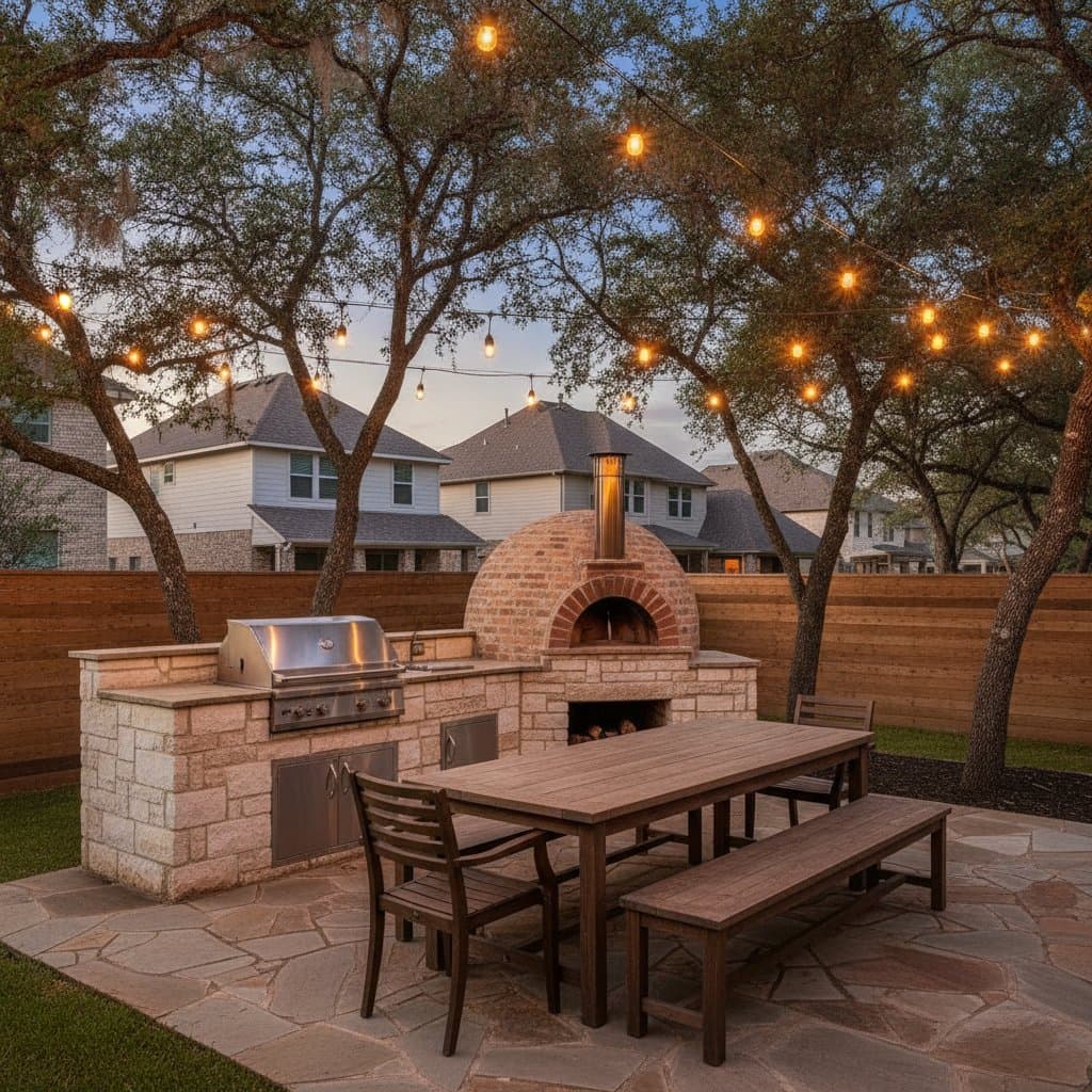 Pizza oven and grill with patio dining at dusk