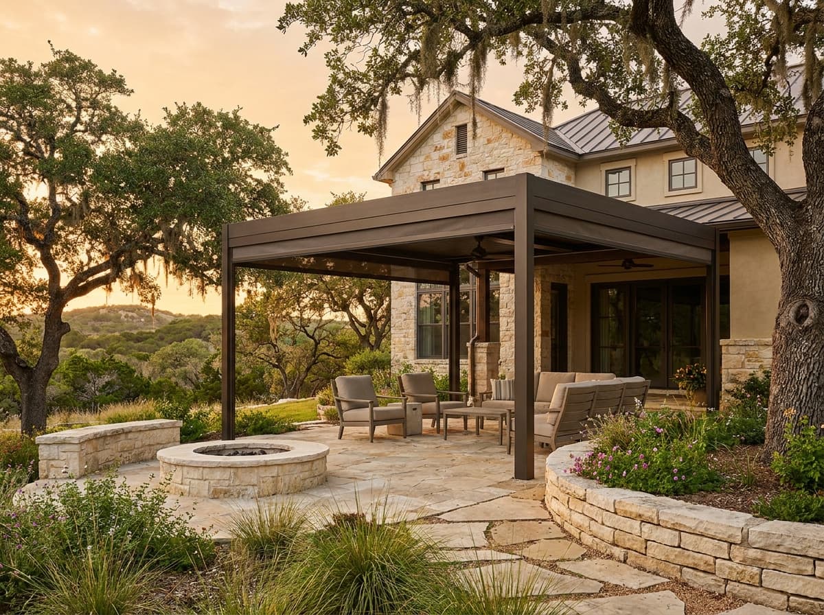 Louvered pergola with stone fire pit