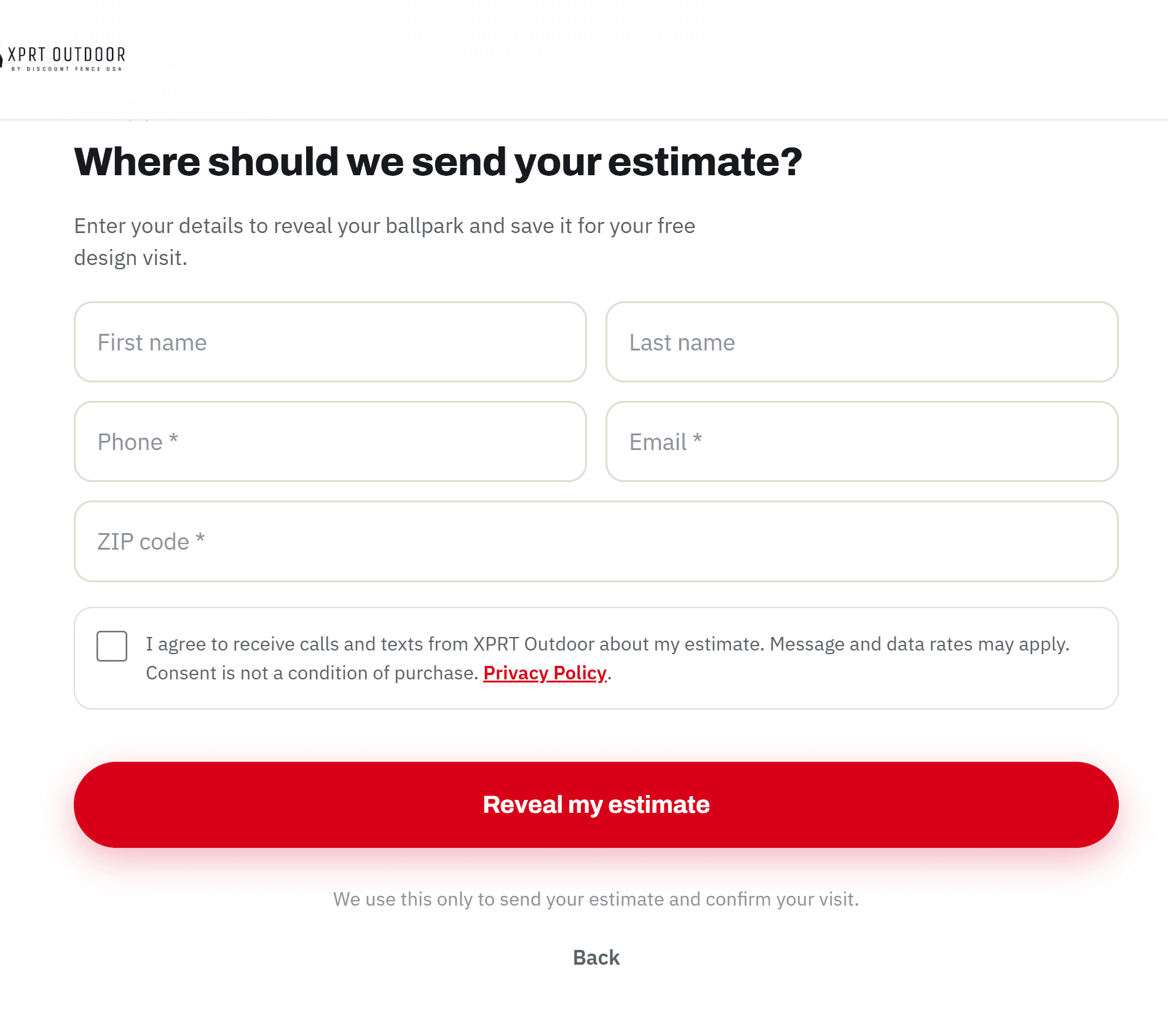The instant-estimate form consent checkbox as shown to customers
